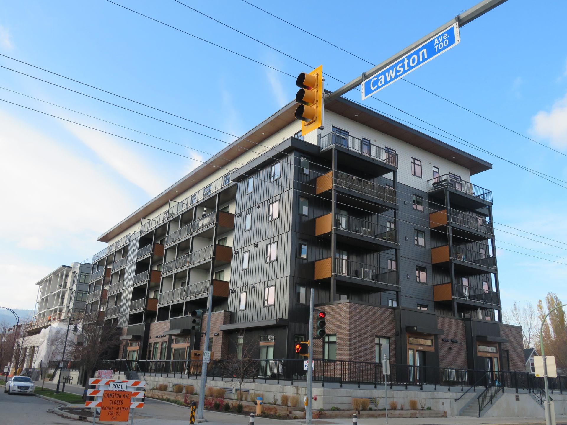 Six-storey residential building on Cawston Avenue in Kelowna, photographed during a Strata Engineering site visit